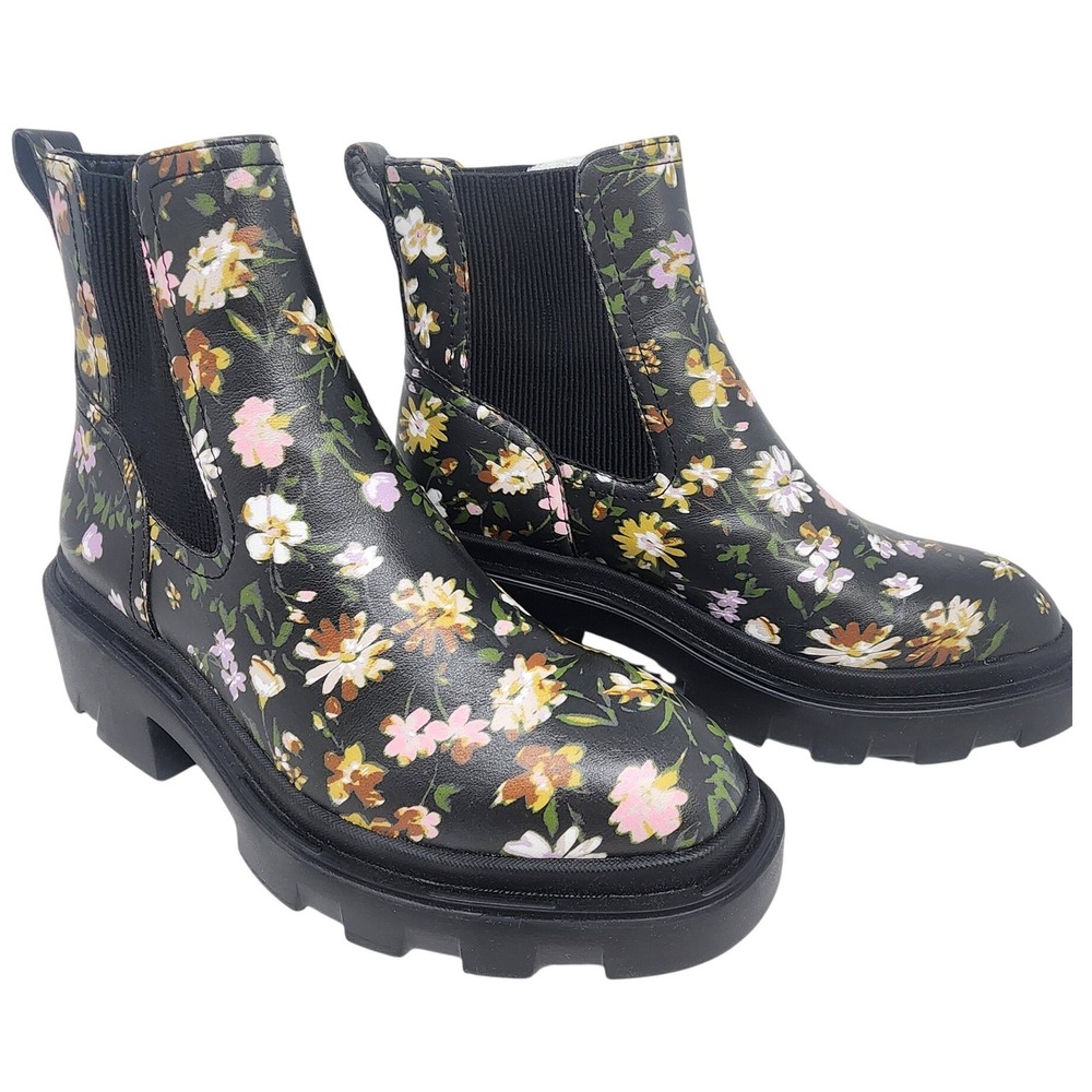 Sanctuary Tredon Floral Leather Lug Sole Chelsea Rain‎ Boots Black Womens 8.5M